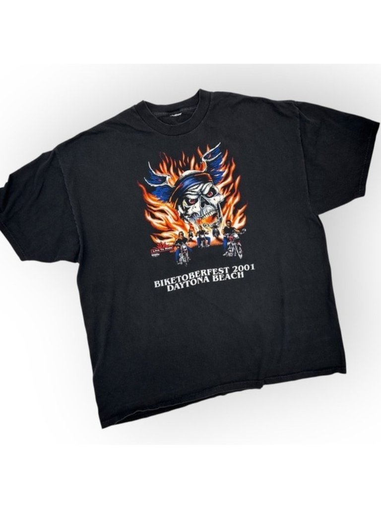 Skull Flames Motorcycle Riders Graphic Print T-Shirt Biketoberfest 2001
